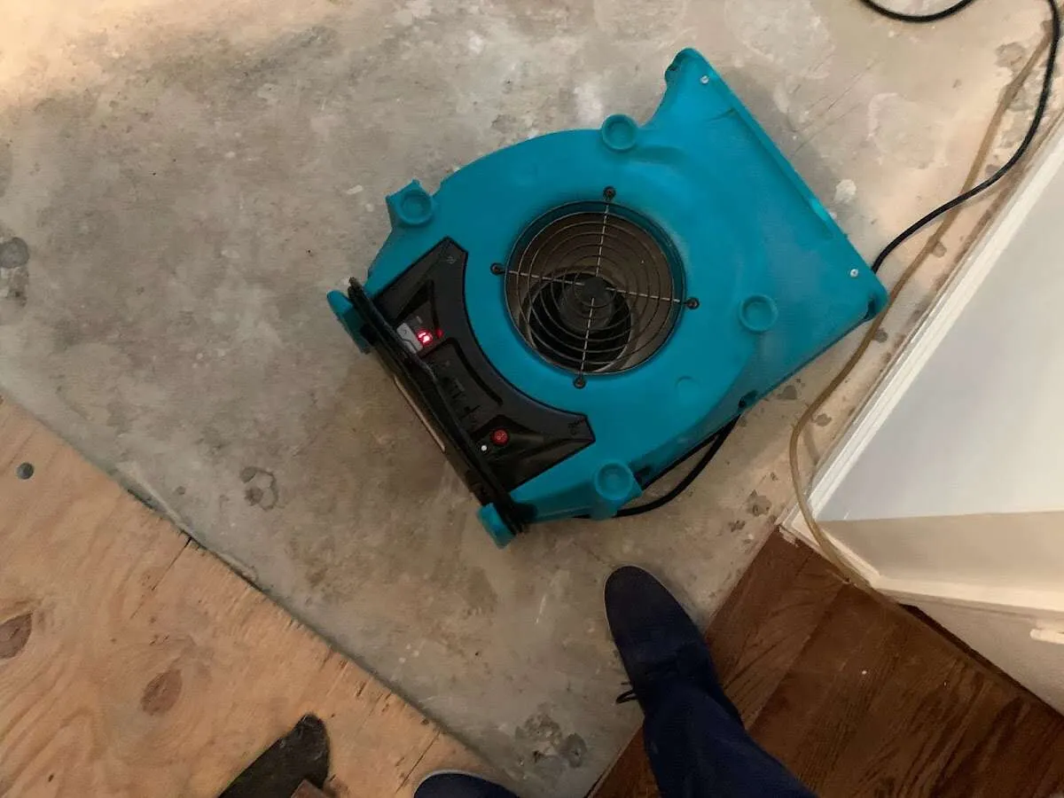 Air mover drying subfloor during Commercial Water Damage Restoration in Islamorada, Village of Islands